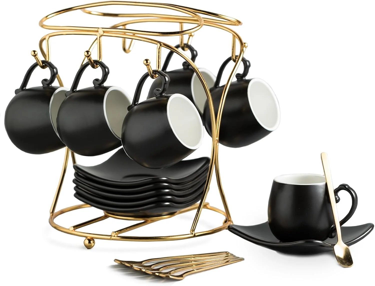 Authentic Lyeoboh Espresso Cups with Saucers Set 3 Ounces Porcelain Coffee Cups with Metal Stand and Spoons Trendy