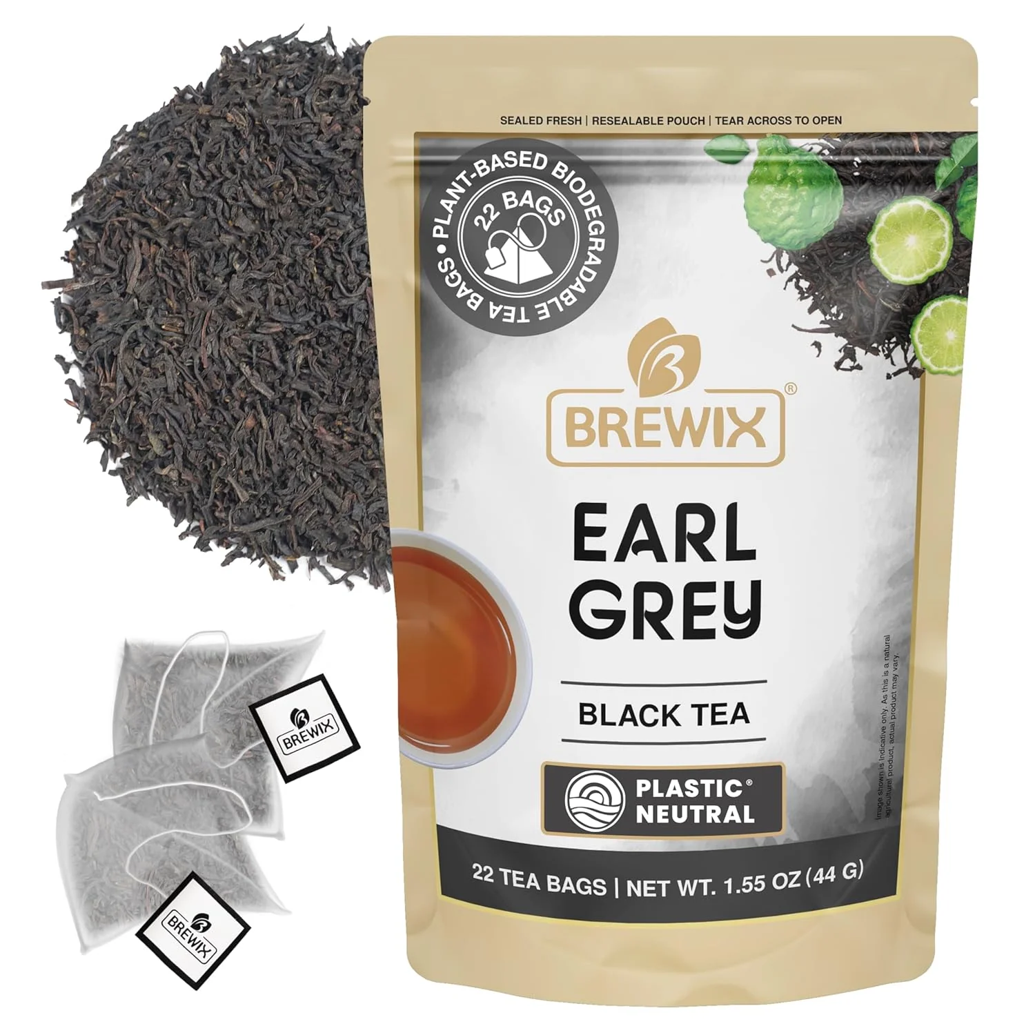 Casual Brewix Earl Grey Tea Bags 22 Pyramid Tea Bags Long Leaf Indian Black Tea with Bergamot Packed in Resealable Ziplock Pouch Black Tea with Bergamot Original