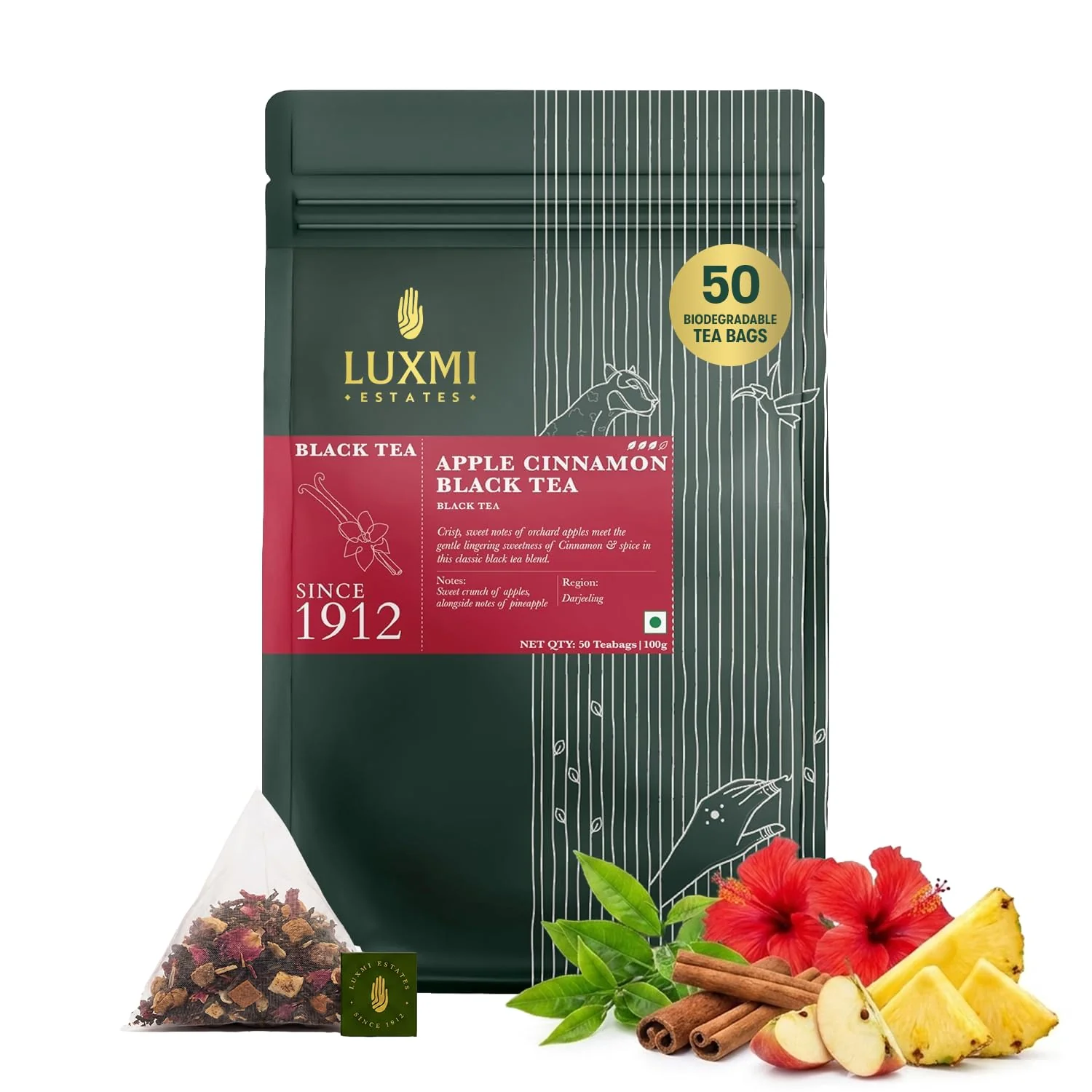 Responsible Luxmi Estates Apple Cinnamon Black Tea 50 Tea Bags 100g 3.52oz Pack USDA Premium Black Tea 50 Biodegradable Tea Bags Refined
