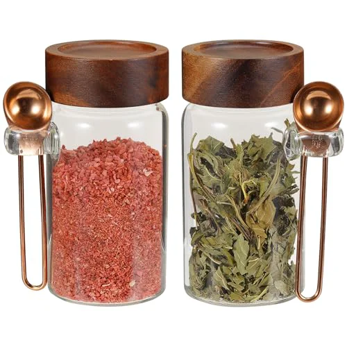 Fine 8oz Small Glass Spice Jar with Spoon Airtight Screw Wood Lid Clear Sugar Herb Container Food Storage Canisters Bottle for Seasoning Coffee Ground Bean Kitchen Tea Overnight Oats Bar Reliable