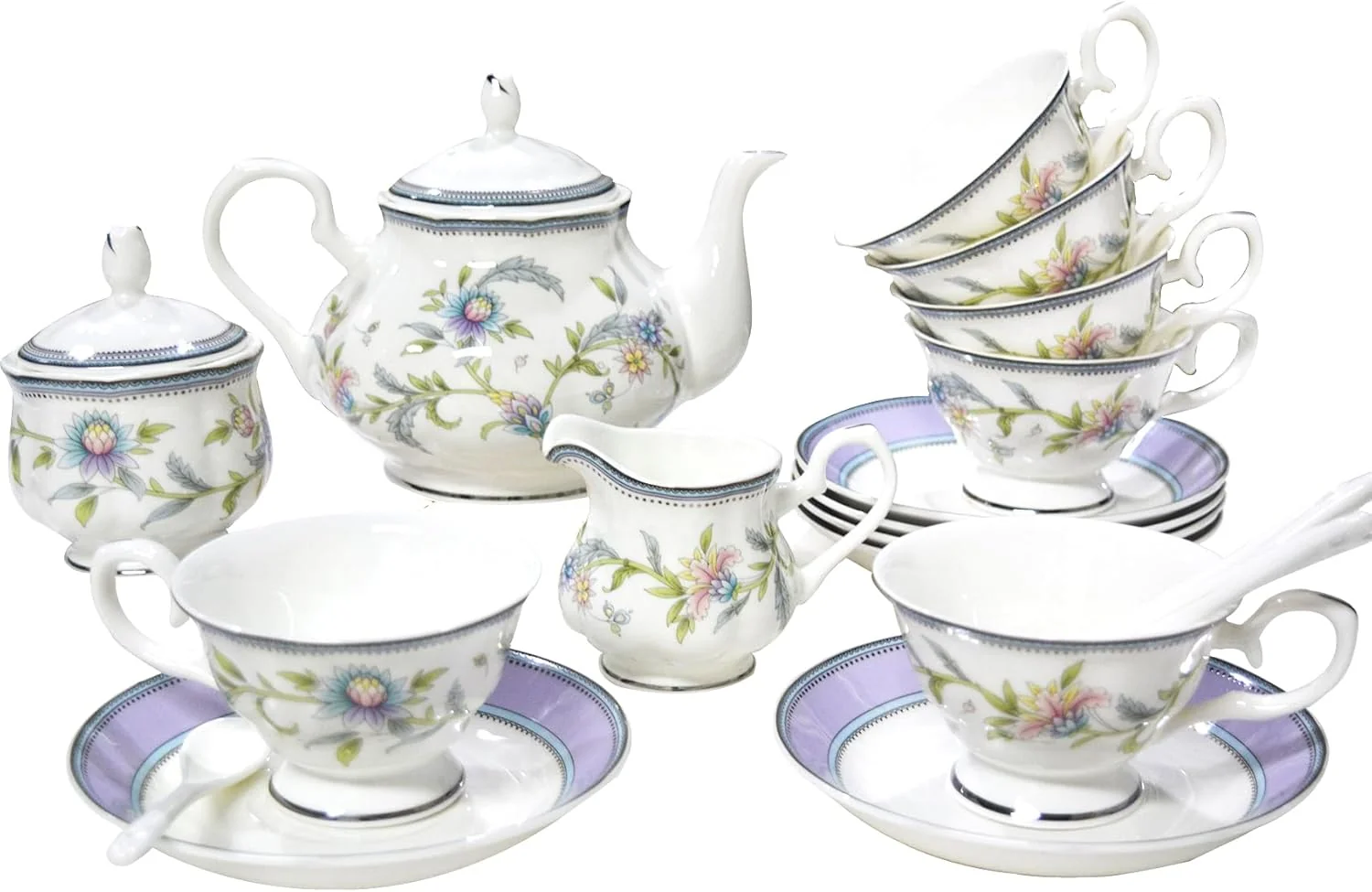 Healthy Bone China Tea Set 21-Pieces Porcelain Tea Set for Adults Tea Cups And Saucers for 6 with Teapot Spoons Sugar Bowl Creamer Pitcher Stylish