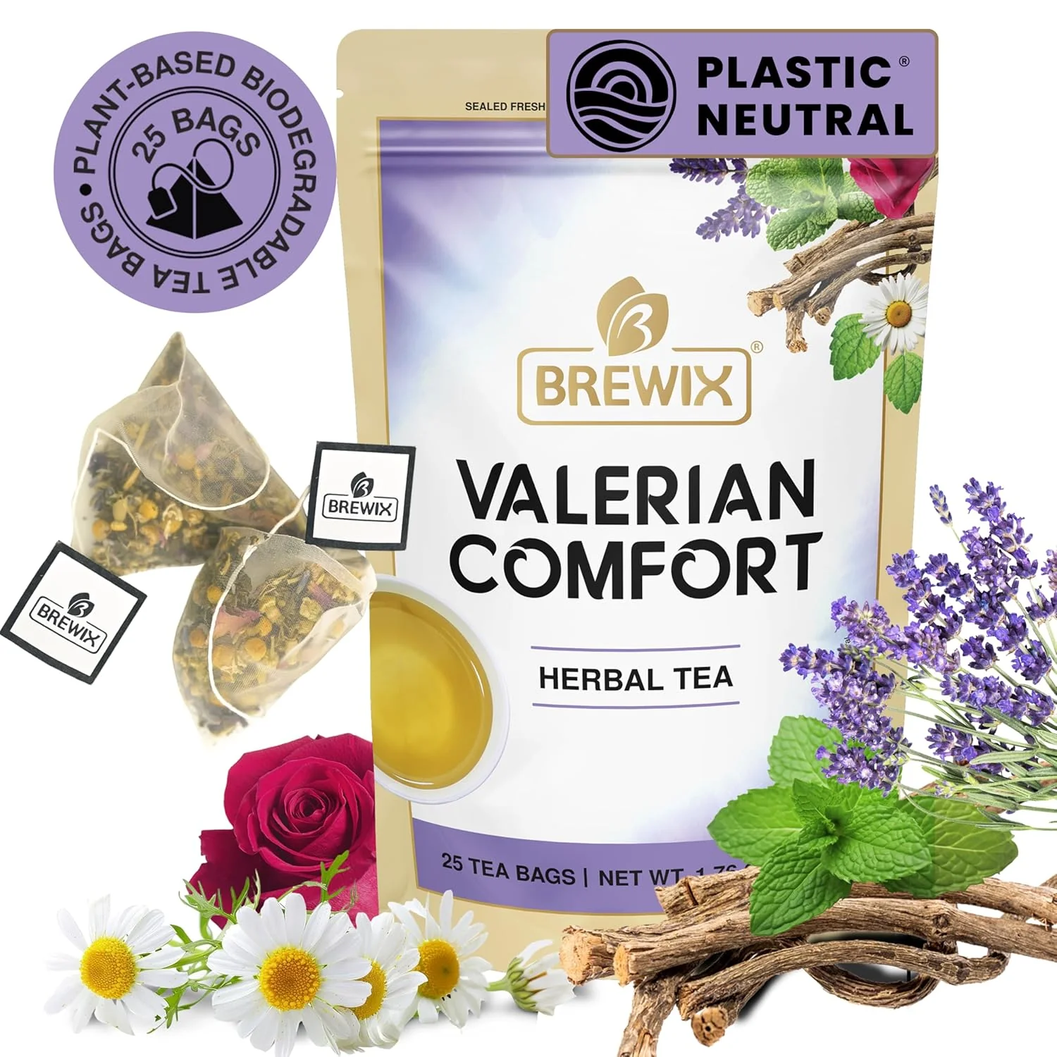 Responsible Brewix Valerian Comfort Tea for Sleep and Relaxation 25 Pyramid Bags Caffeine- and Calming for Bedtime Valerian Root Chamomile Lavender Excellent