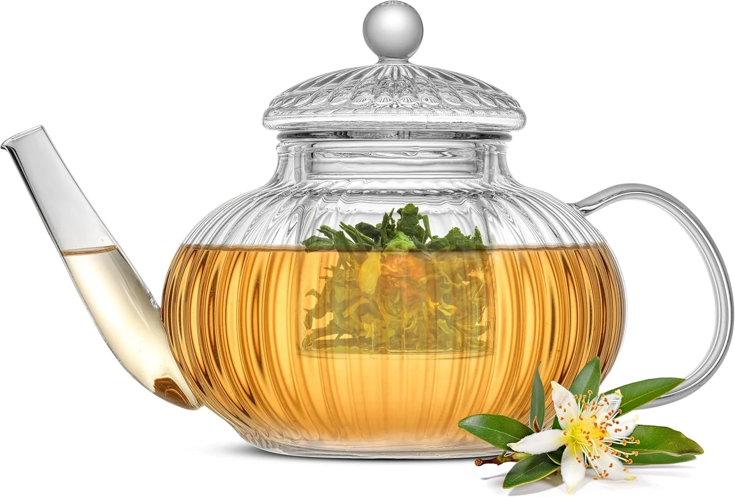 Consistent JoyJolt Fluted Glass Teapot Set 34oz Stovetop Safe Tea Kettle Borosilicate Clear Kettle with Removable Glass Infuser Secure