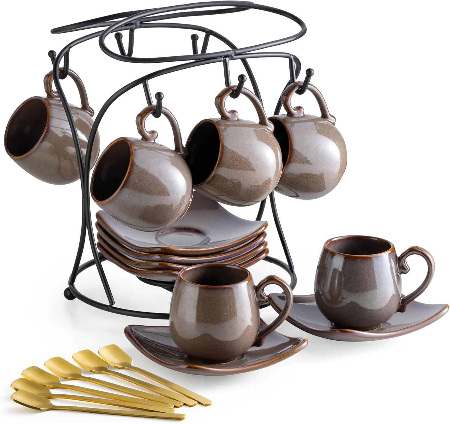 High-Quality Lyeoboh 3oz Coffee Espresso Cups with Saucers Set of 6 Ceramic Small Coffee Cups with Holder and Spoons Cute Demitasse Cups for Espresso Latte Luxury