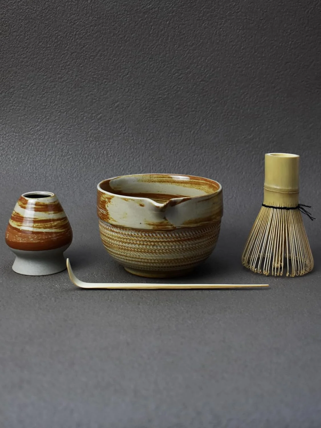 Long-Lasting Matcha Tea Set – 4 Piece Traditional Japanese Matcha Kit with Beige Brown Ceramic Spout Bowl Whisk Holder Scoop Guide Versatile