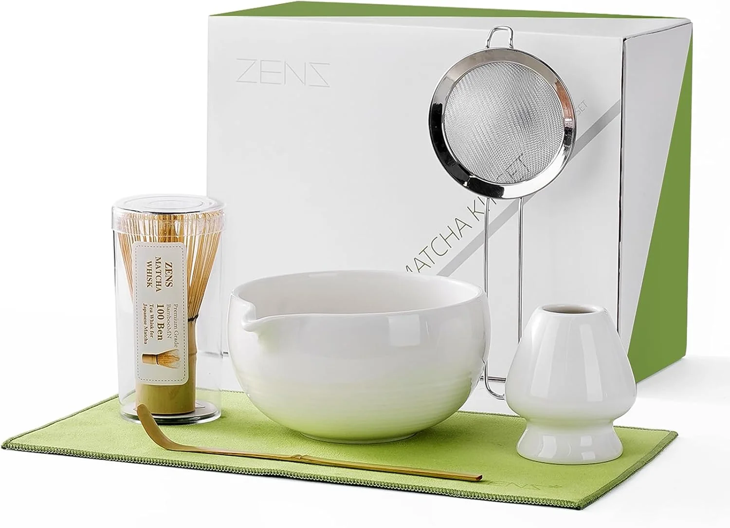 Traditional Zens Matcha Whisk Set 6pcs Matcha Kit Set Includes Ceramic Bowl and Bamboo Whisk Chasen Holder Sifter Scoop -Tea Towel Comfortable