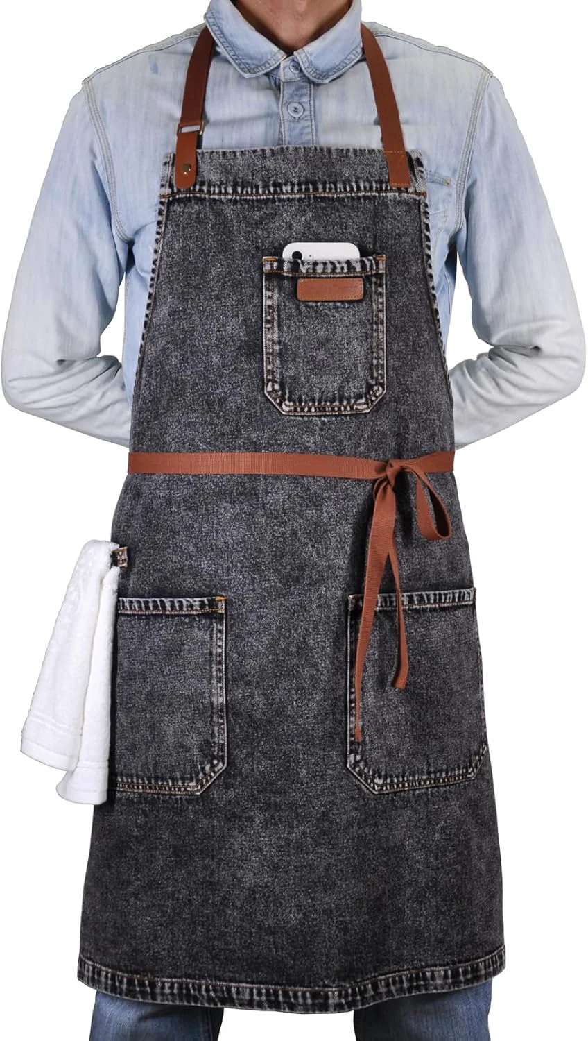 Environmentally Friendly Denim Apron with Pockets Mens Womens Professional Black Kitchen Bib Apron for Chef Cooking Grill BBQ with Towel Loop and Adjustable Neck Straps Traditional