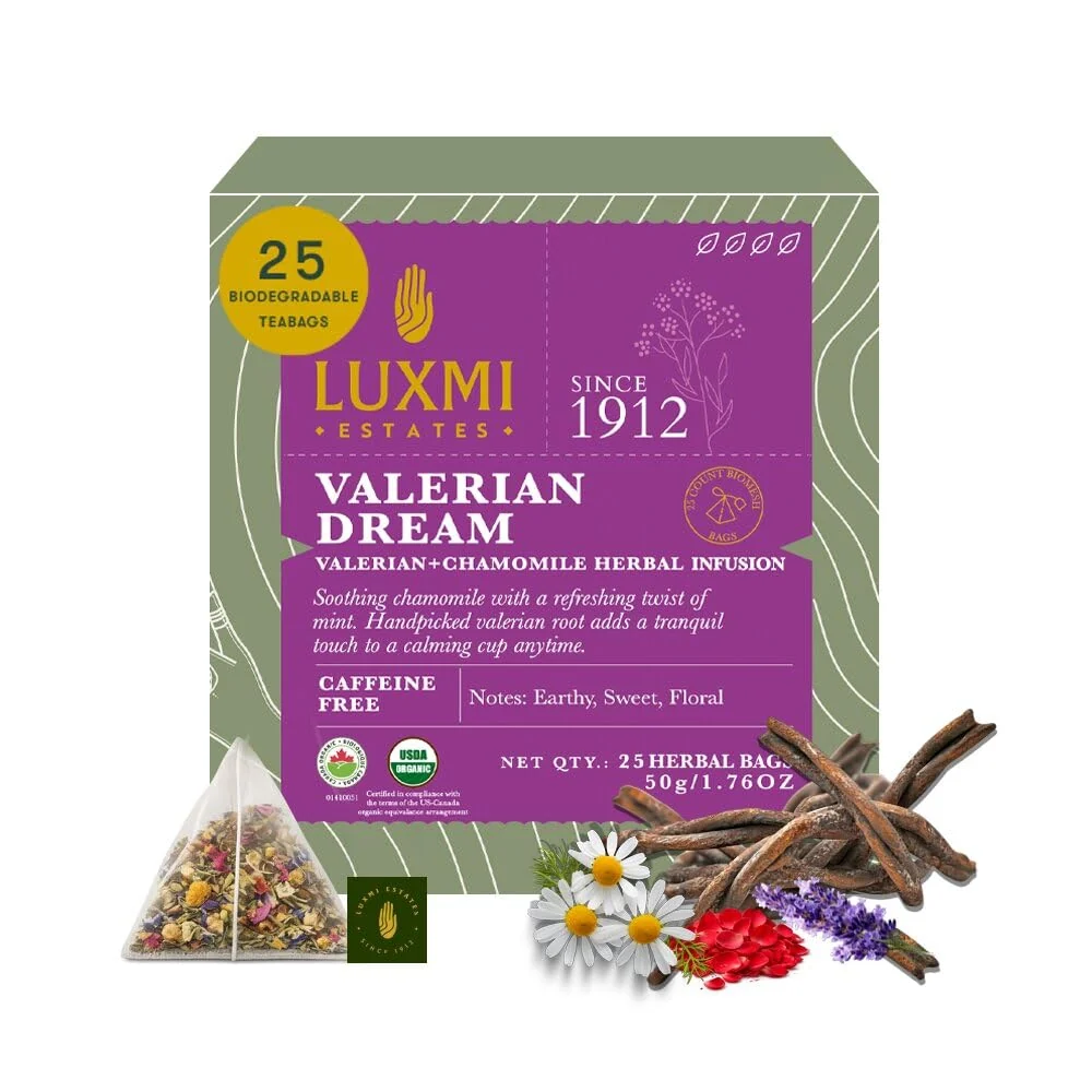 Trendy Luxmi Estates Valerian Dream Tea 25 Pyramid Tea Bags 50g 1.76oz USDA Organic Five-Herb Blend with Valerian Root Chamomile Lavender Rose Petals amp Peppermint Caffeine- Vegan Environmentally Friendly