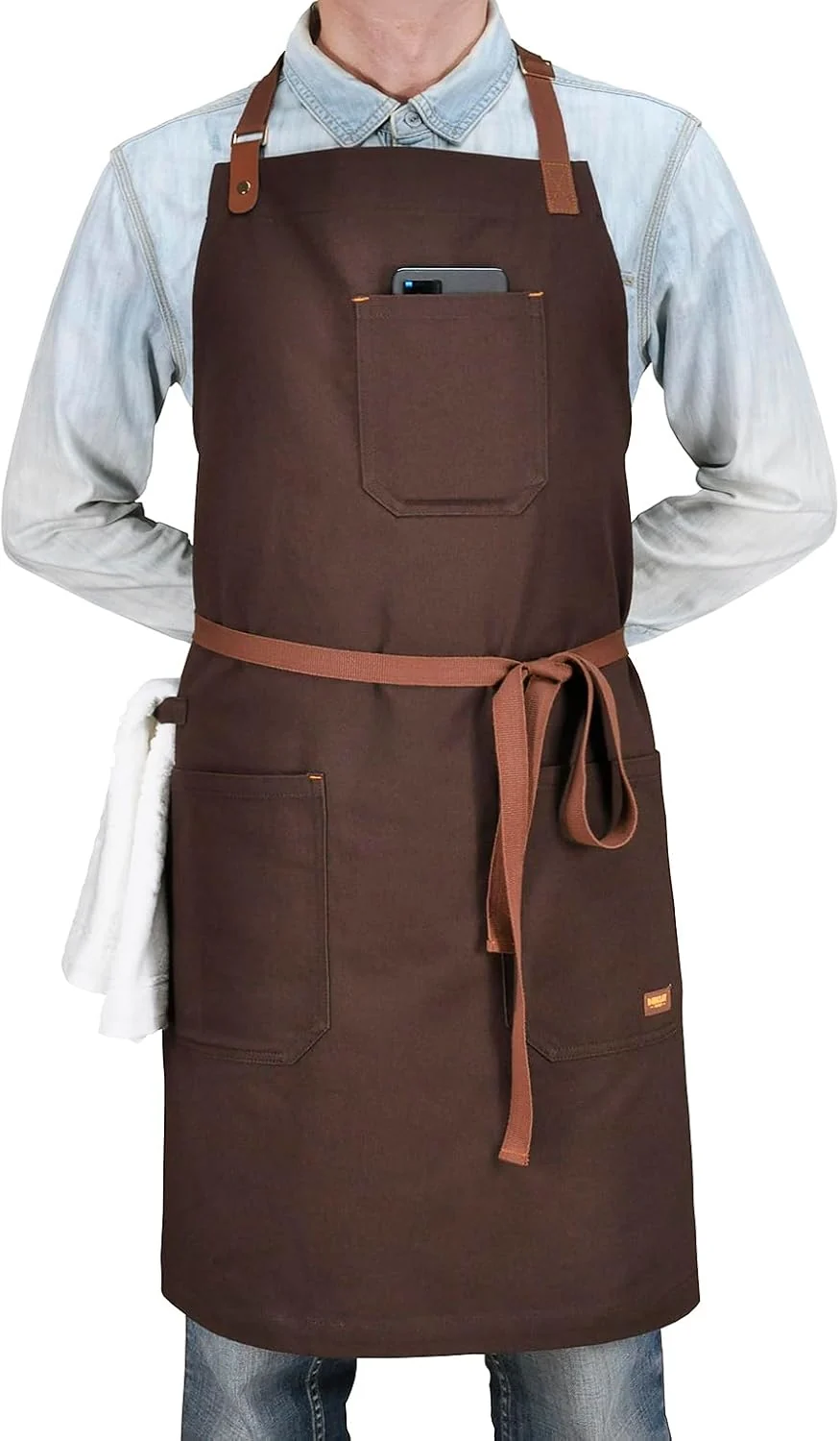 Genuine Chef Bib Apron with Pockets Professional Kitchen Cooking Grill BBQ Apron for Men Women with Pockets Towel Loop and Adjustable Neck Strap Brown High-End