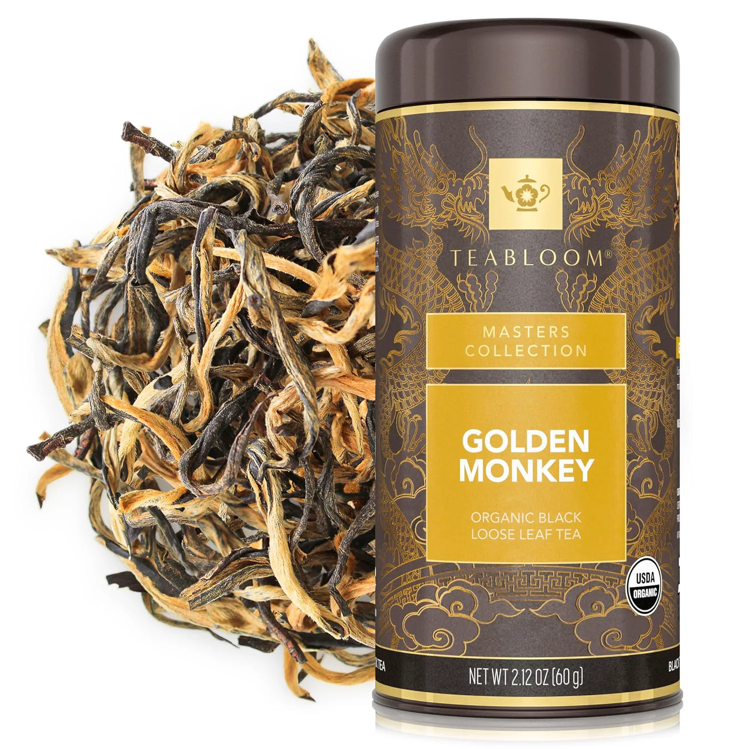 Solid Teabloom Organic Golden Monkey Loose Leaf Tea USDA Organic Black Tea Lingering Aroma with Smooth and Malty Flavor 2.12 Ounce Loose Leaf Tea Canister Makes 35-50 Cups Dependable