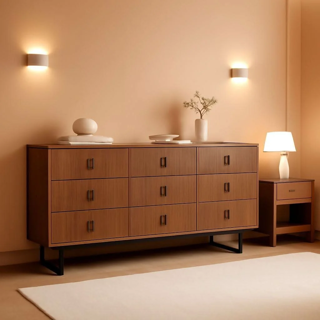 Versatile Walnut Nine Drawer Dresser Anti Tipping Reinforcement Pure