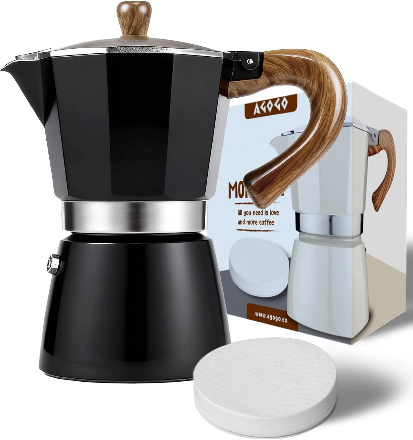 Versatile AGOGO Moka Pot Stovetop Espresso Set amp Cuban Coffee Maker 6-Cup 300ml Black Upgraded anti-snap grip Home amp camping greca percolator 100 filters for sediment- brew Brush amp towel gift set Superior