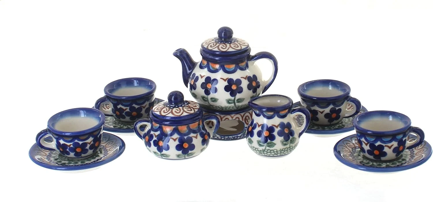 Optimized Blue Rose Polish Pottery - Blue Aztec Flower Miniature Tea Set - 1 Set - Polish Pottery Collectible Tea Set with Teapot Cups Decorative Gift Organic