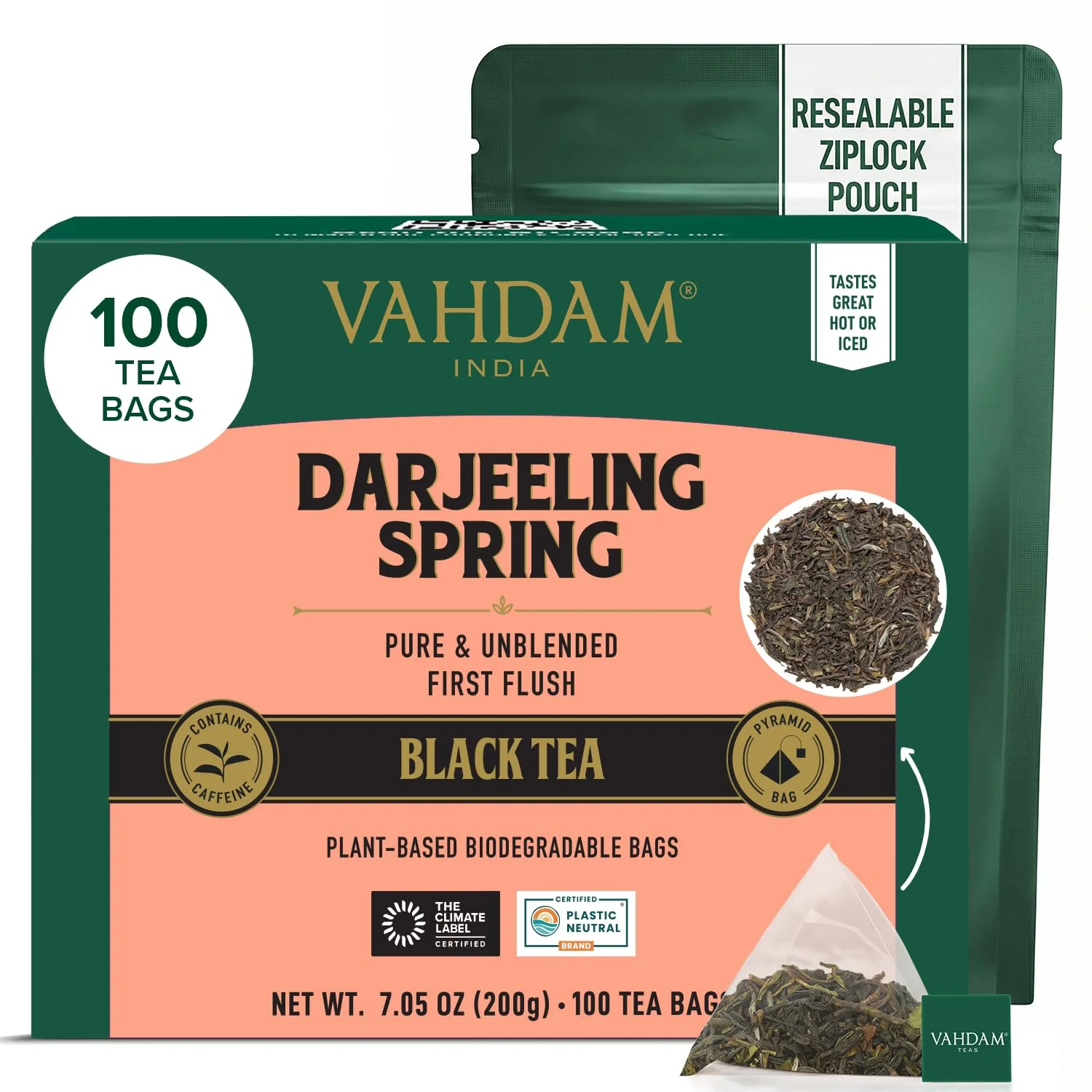 Certified VAHDAM Darjeeling Spring Tea Bags 100 Count Exotic First Flush Black Tea Premium Long Leaf Quality Aromatic Robust Flavor Unblended Darjeeling Tea Caffeinated Non GMO Resealable Ziplock Pouch Safe