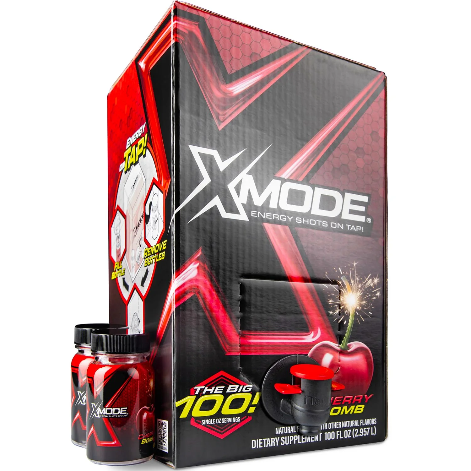 Selected XMODE Extra Strength Energy Shots on Tap – Cherry Bomb Flavor Sugar 150mg Caffeine per oz B12 100 1oz Servings Dispenser with 2 Refillable Bottles Eco-Friendly