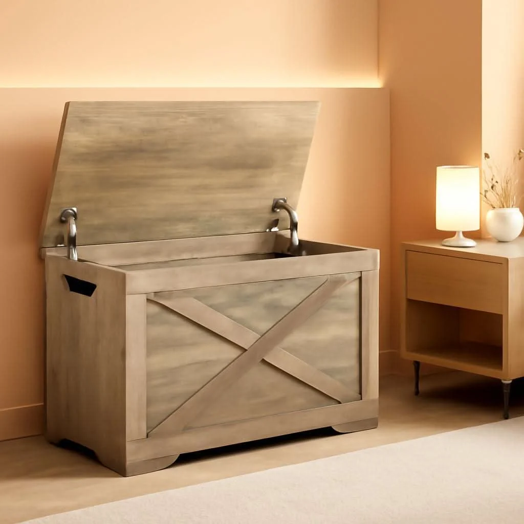 Expertly Made Grey Weathered Hardwood Storage Chest Bench Hinges High-Performance