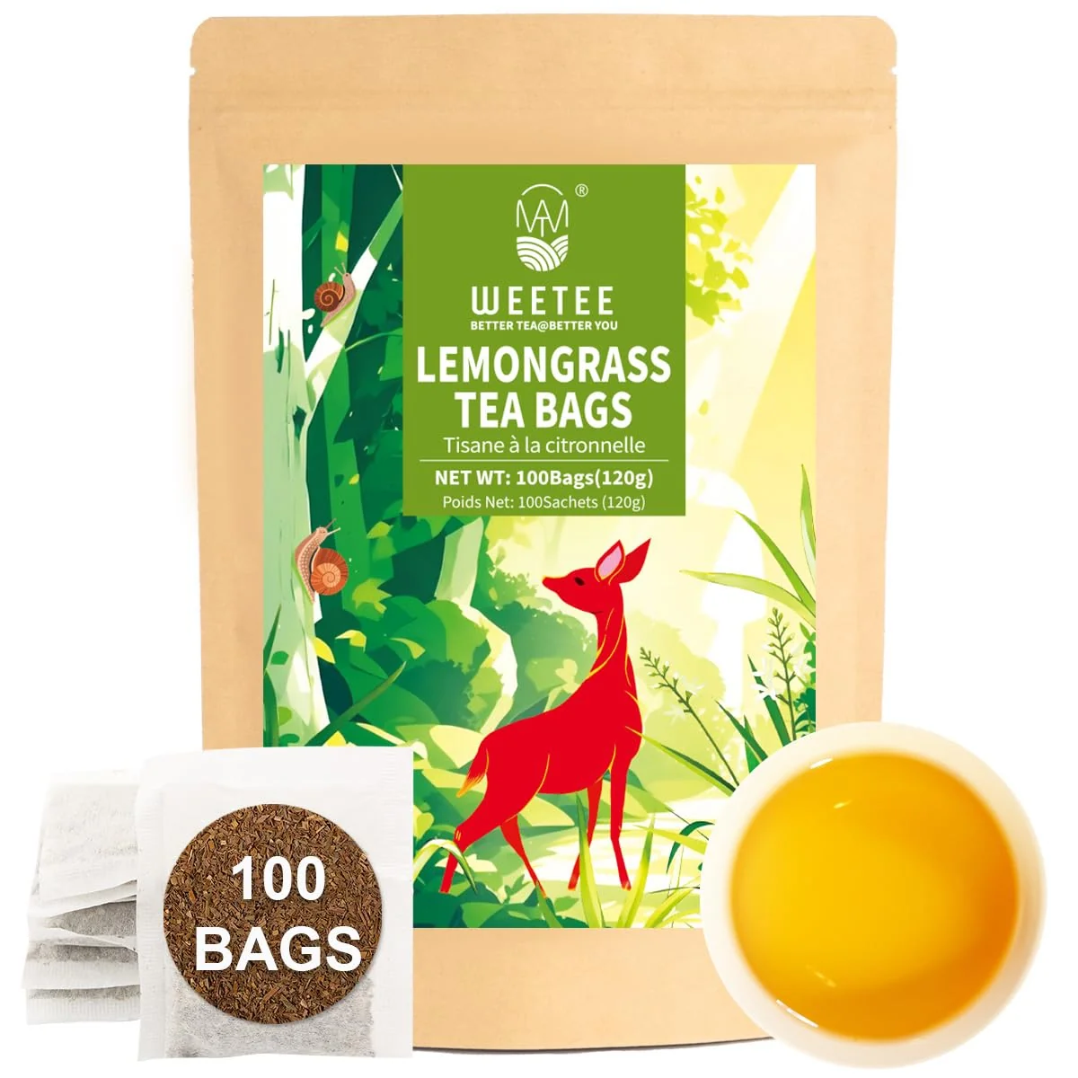 Efficient WT Weetee Lemongrass Tea Bags 100 Count Pure Lemon Grass Leaves Tea Bags Natural Caffeine Herbal Tea Classic