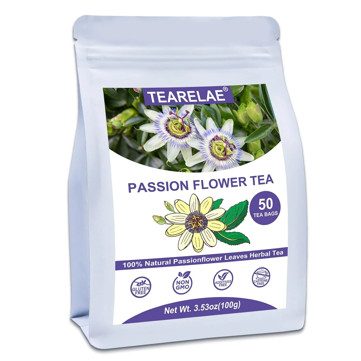 Classic Tearelae - Passion Flower Tea 50 Count - Pure Passionflowers Leaves Tea Bags - Pasiflora Tea for Relaxation Sleep- Non-GMO - Caffeine- Trusted