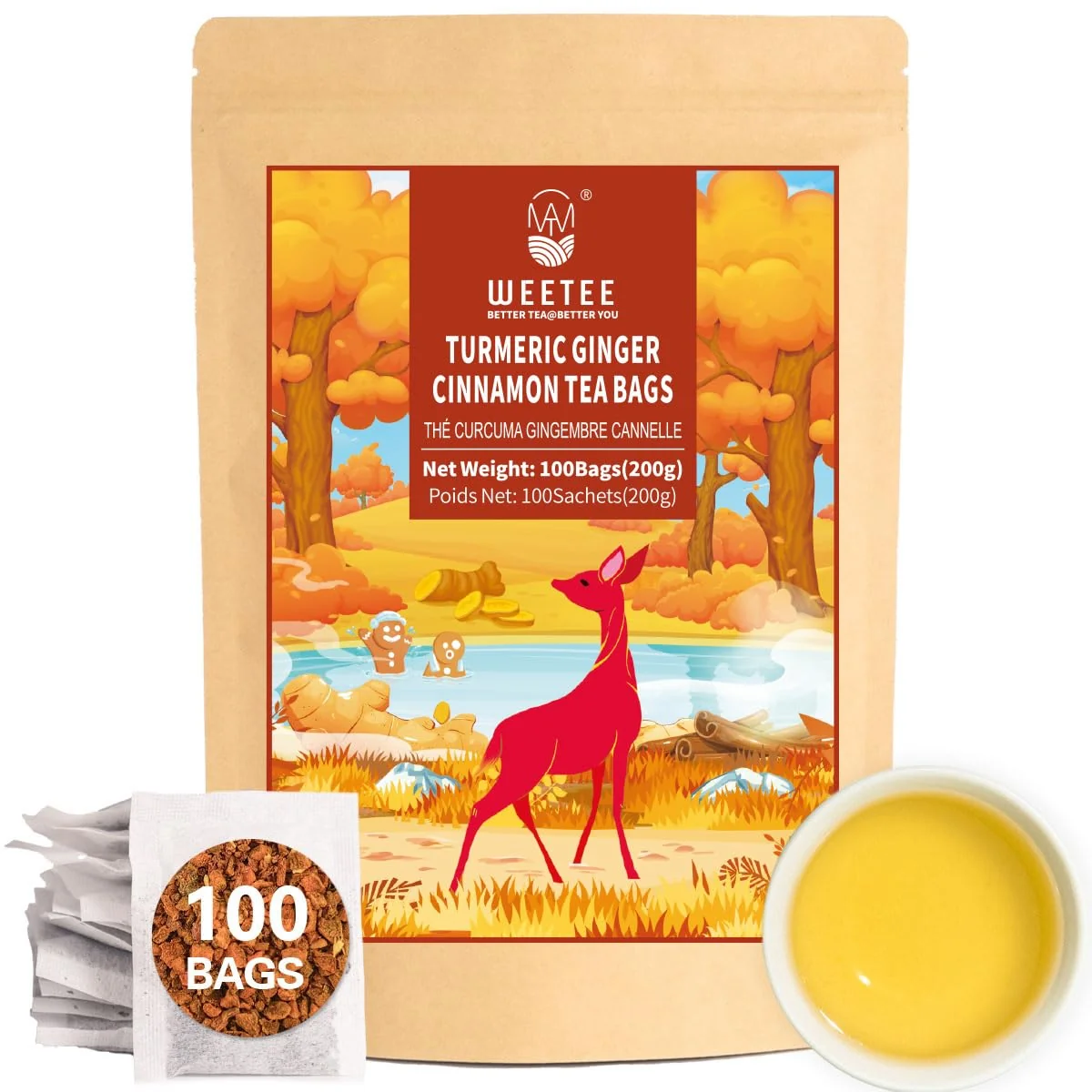 Sustainable WT WEETEE Turmeric Ginger Cinnamon Tea Bags 100 Count Smooth Earthy Blend Caffeine- Infusion with Turmeric Spicy Ginger amp Sweet Cinnamon Antioxidant-Rich Daily Tea Enjoy Hot or Iced Specialty