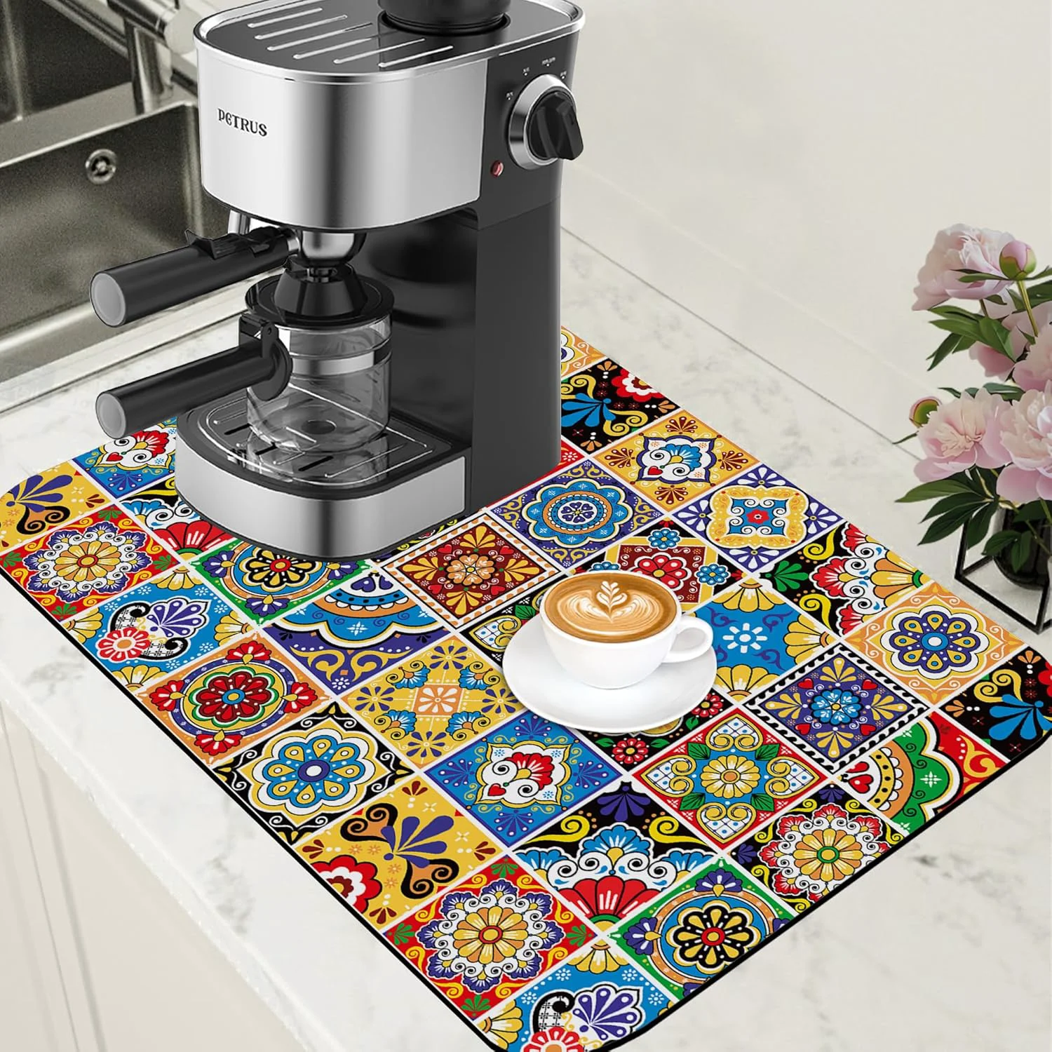 Effective Talavera Mexican Tiles Dish Drying Mat for Kitchen Counter Bar Mat Hide Stain Absorbent Rubber Backed Coffee Mat Maker Espresso Machine Bar Accessories 15.7 x 23.6 Inch Environmentally Friendly