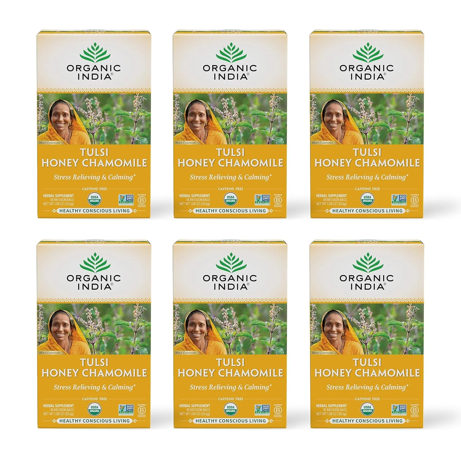 Certified Organic India Tulsi Honey Chamomile Herbal Tea - Holy Basil Stress Relieving amp Calming Immune Support Adaptogen Vegan USDA Organic Caffeine- - 18 Infusion Bags 6 Pack Eco-Friendly