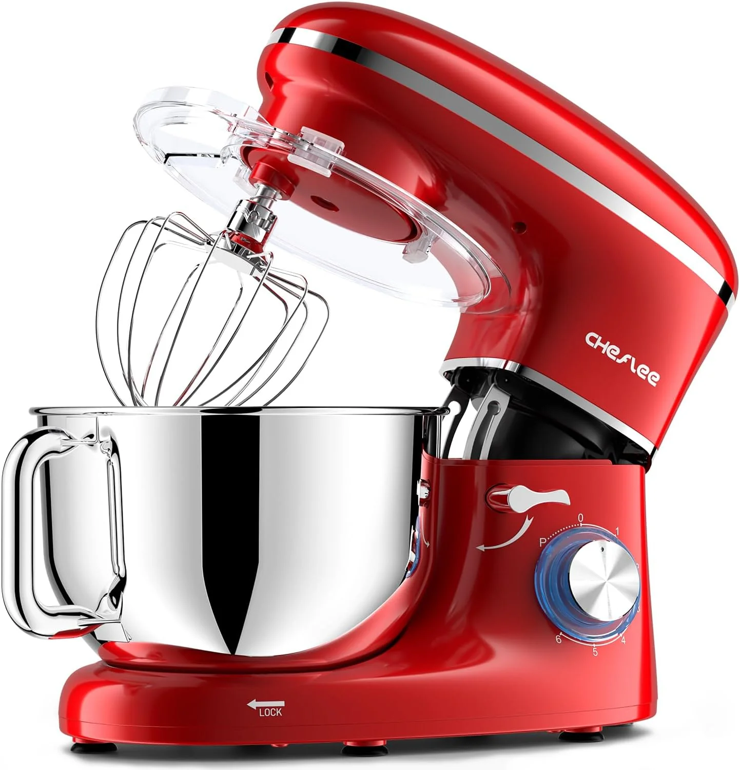 Healthy CHeflee Stand Mixer 600W 6 P With 6.5QT Stainless Steel Bowl Dough Hook Wire Whip Beater for Most Home Cooks Red Relaxed