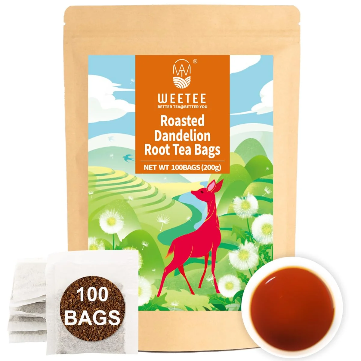Classic WT Weetee Roasted Dandelion Root Tea Bags 100 Count Dandelion Tea with Light Earthy Roasted Aroma Natural Caffeine Herbal Tea Crafted