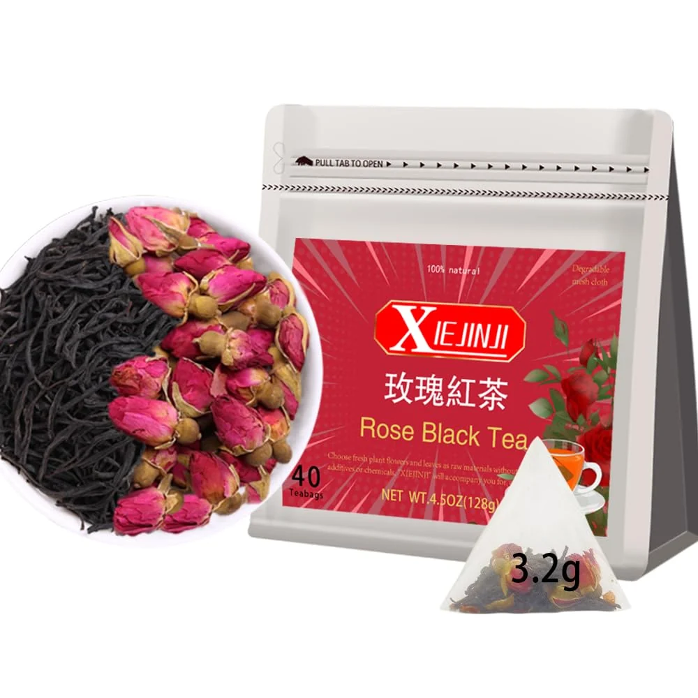 Easy-to-Use Xiejinji Rose Black Tea - 40 Tea Bags Natural Dried Rose and Black Tea Blend Aromatic Smooth Eco-Conscious Tea Bags Enjoy Hot or Iced Crafted