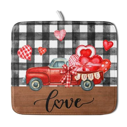 Durable Valentine's Day Red Heart Truck Dish Drying Mat for Kitchen Counter Exceptional