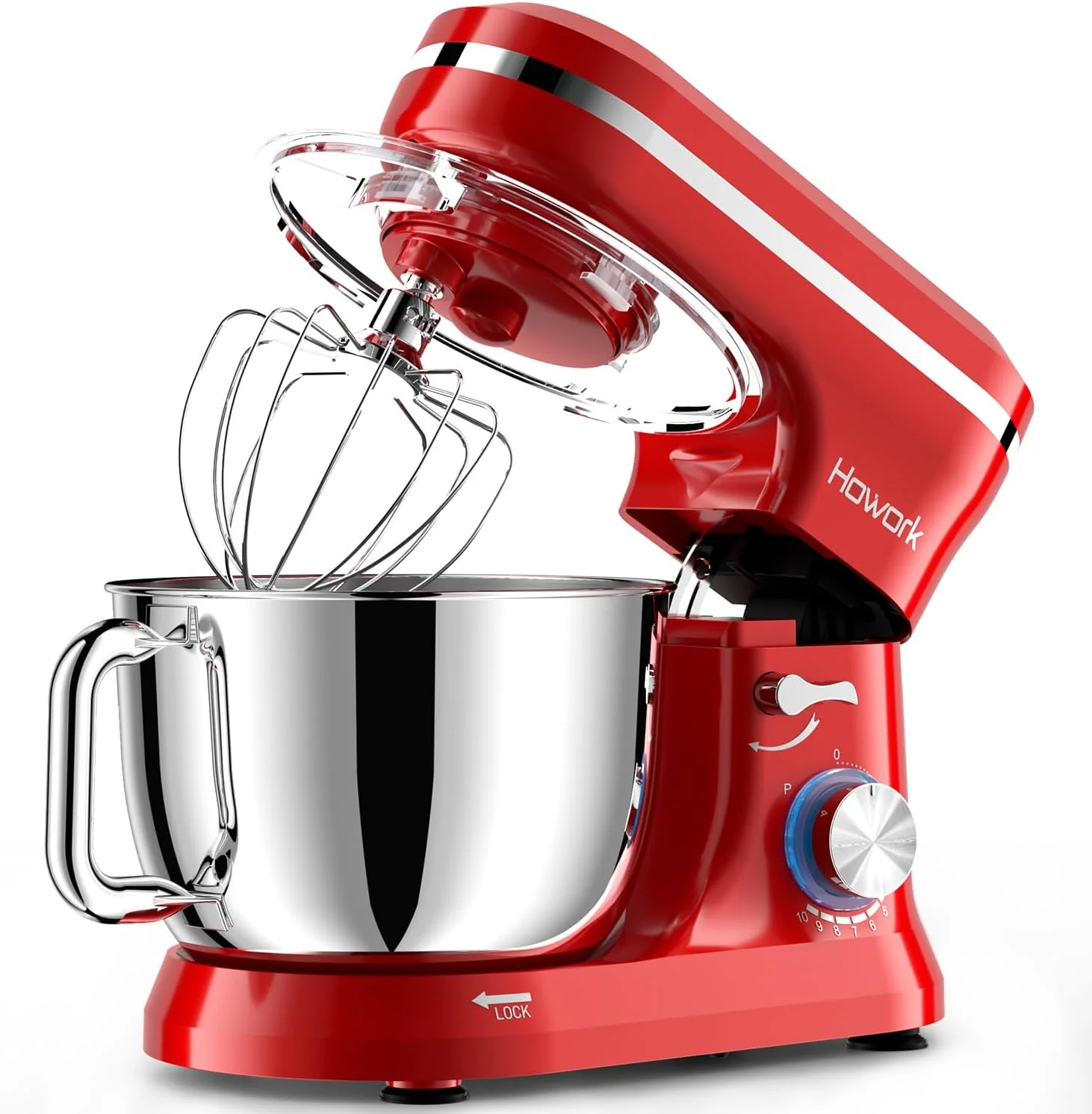 Breathable Howork Electric Stand Mixer 10 p Speeds With 6.5QT Stainless Steel Bowl Dough Hook Wire Whip Beater for Most Home Cooks Bright Red High-Performance
