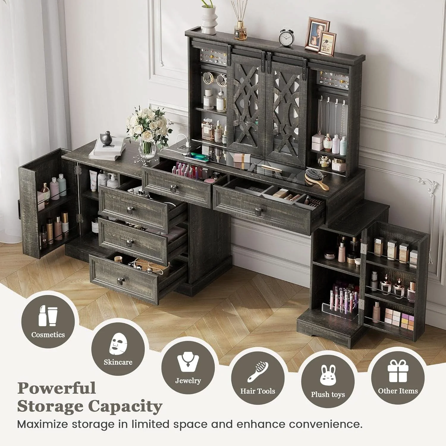 Secure Brown Makeup Vanity With Illuminated Mirror Armoire World-Class