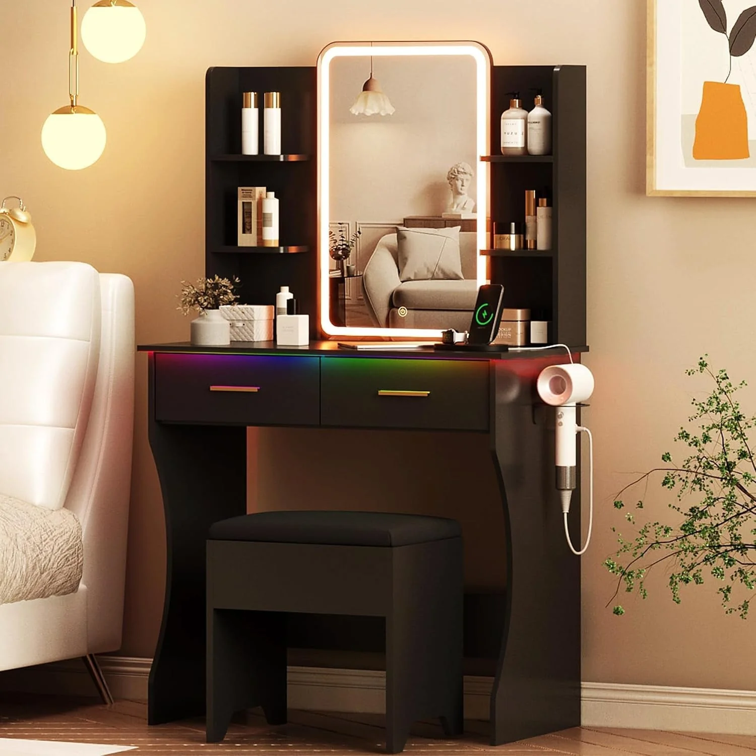 Contemporary Charcoal Vanity Desk With LED Lighting Optimized