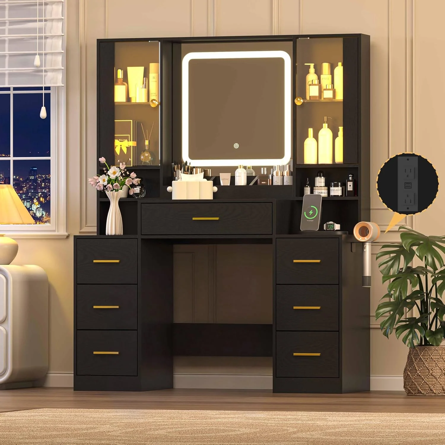 Secure Black Makeup Vanity Tabletop With Illuminated Mirror Powerful