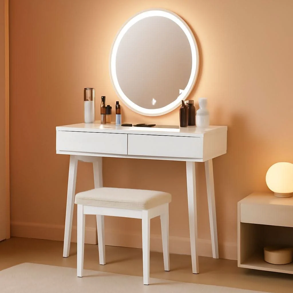 Relaxed White Vanity Set With Illuminated Mirror Organization Environmentally Friendly