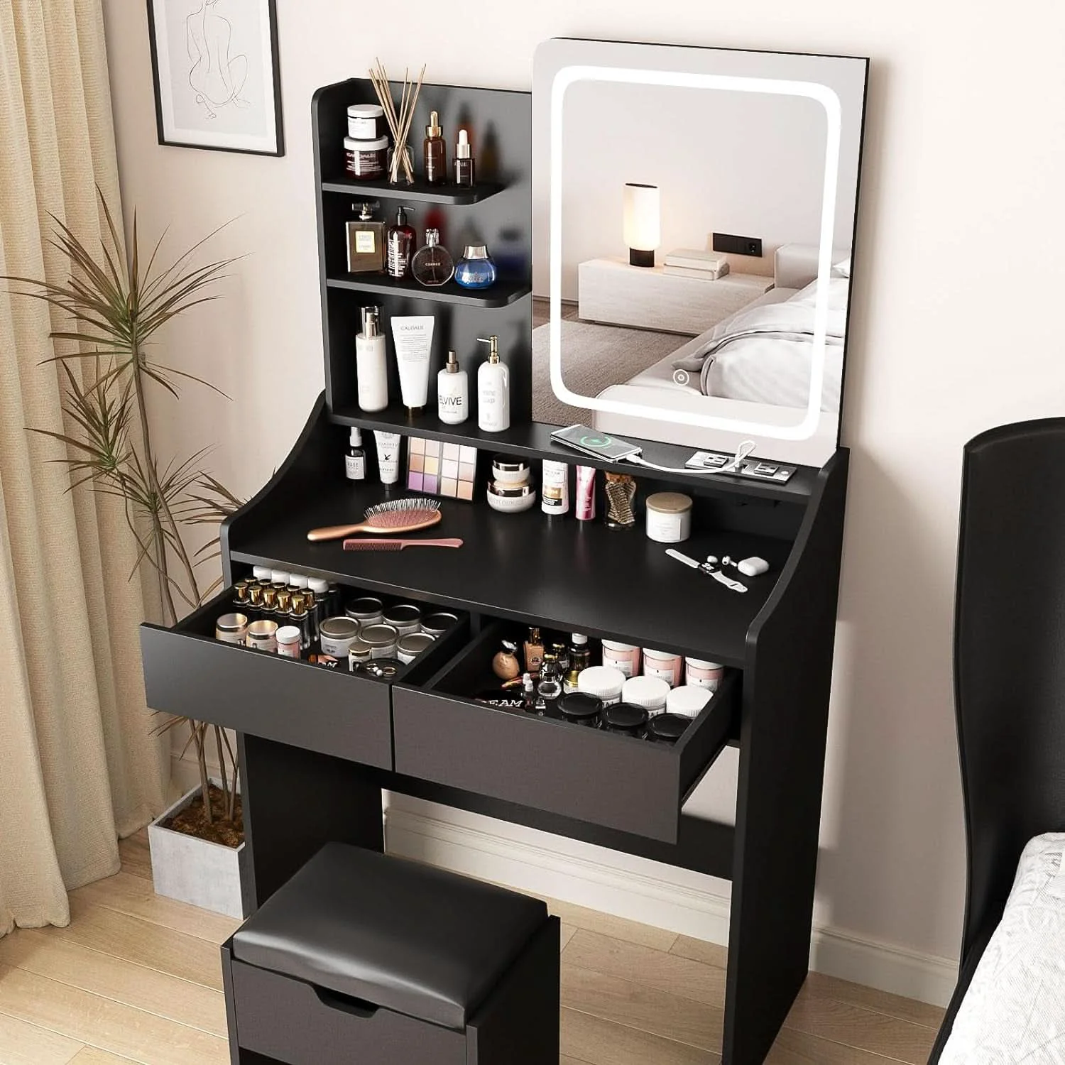 Solid Charcoal Vanity Desk With LED Illuminated Mirror Storage Genuine