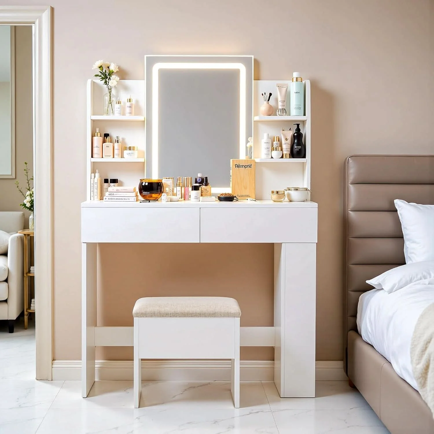 Practical Executive White Vanity Desk Multicolored LED Mirror Elegant