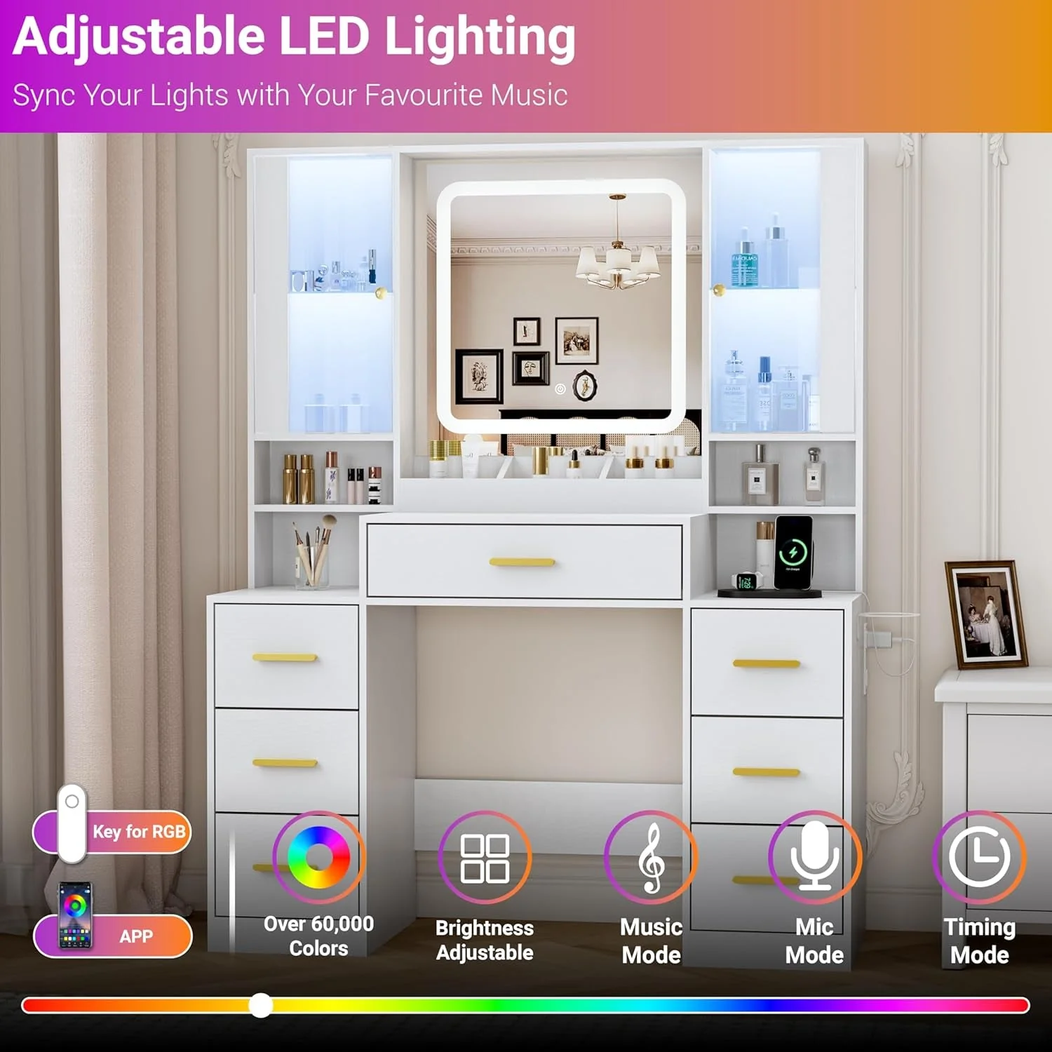 Environmentally Friendly Elegant Customizable Vanity Desk With RGB Lighting High-Quality