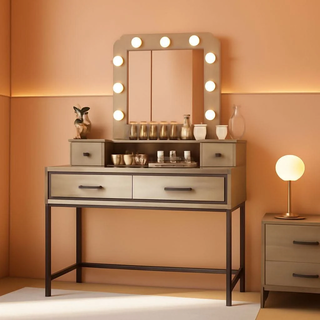 Fine Brown Vanity Table With Illumination Mirror Lights Soft