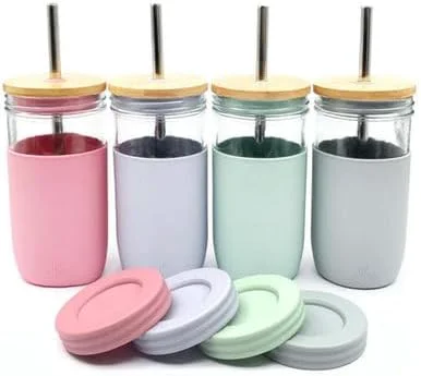 Natural Elk and Friends 24oz Glass Mason Jar – Pack of 4 Bamboo Straw Lids Stainless Steel Straws Smoothie Iced Coffee Bubble Tea Cups Original