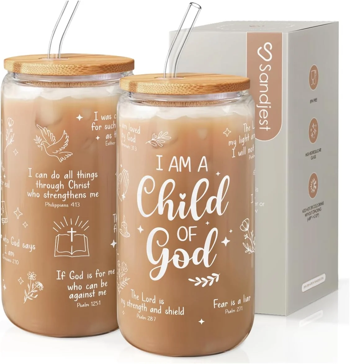 Artisan SANDJEST Christian Glass Can I am Child of God Cup with Lid amp Straw Iced Coffee Aesthetic Cups Idea Gift for Christmas Birthday Gifts for Women 16oz Healthy