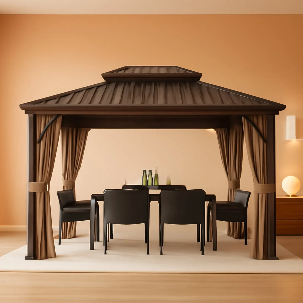 Versatile 10x12Feet Brown Hardtop Gazebo With Curtain Netting High-Grade