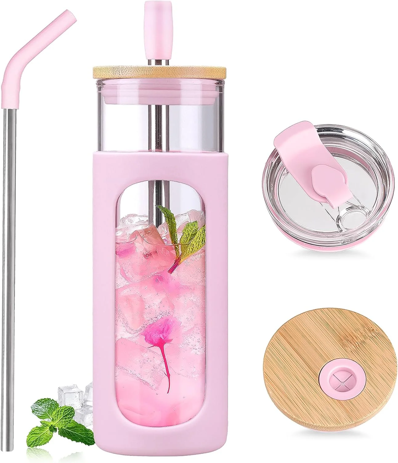 User-Friendly Kodrine 24oz Glass Tumbler with 2 Lids and Straws Glass Cup With Bamboo Lid and On-the-go Lid Reusable Iced Coffee Cup I for Smoothie Stylish