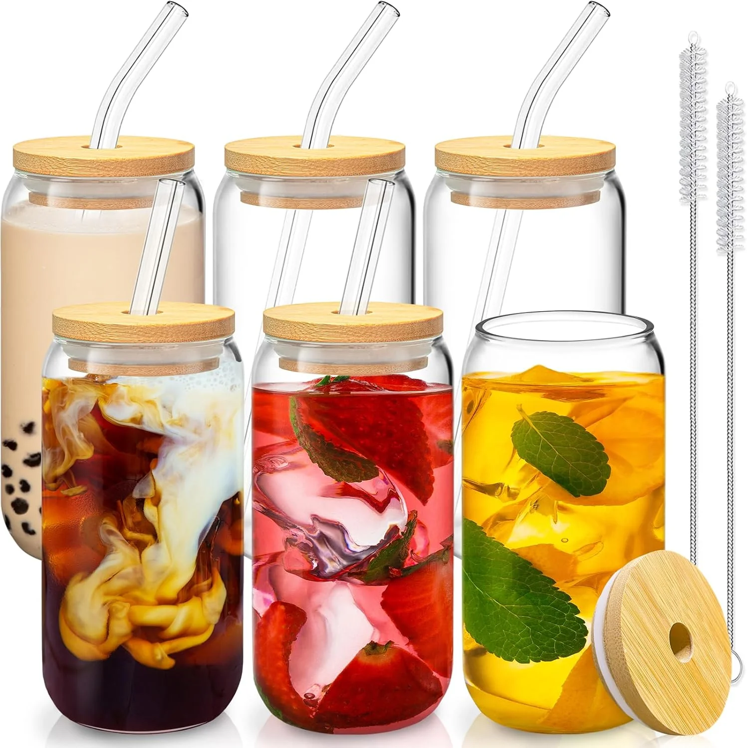 High-End 16 Oz Drinking Glasses with Bamboo Lids and Glass Straw - 6 Pcs Glass Cups Beer Ice Coffee Glasses Cute Aesthetic Cup Great for Coffee Bar Reliable
