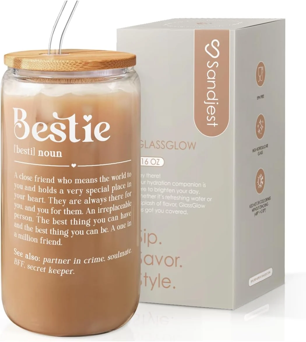 Expertly Made SANDJEST Friend Glass Can ies Definition Cup with Lid amp Straw Iced Coffee Aesthetic Cups Gift for Christmas Birthday Mother Day Gifts for Women Friends Sisters 16oz Classic