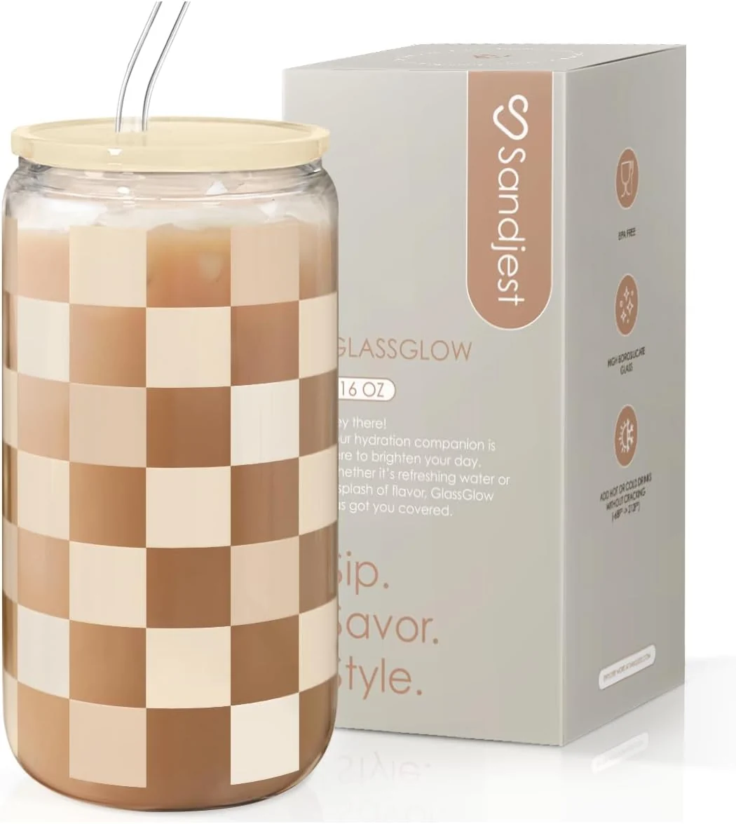 Casual SANDJEST Checkerboard Glass Can Beige Checker Cup with Lid amp Straw Iced Coffee Aesthetic Cups Gift for Christmas Birthday Mother Day Gifts for Women 16oz Enhanced