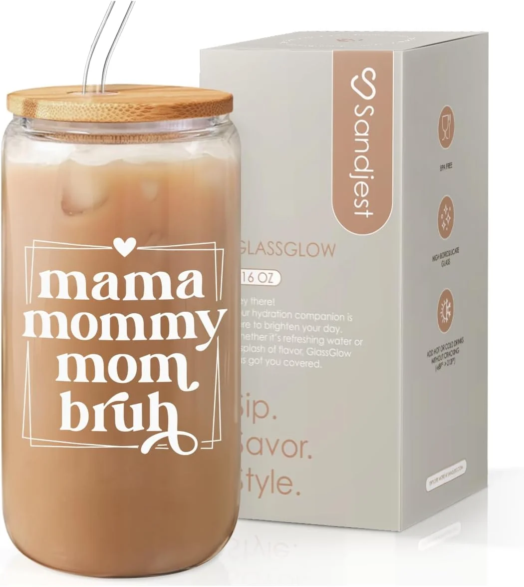 Next-Generation SANDJEST Mother Glass Can Mama Mommy Mom Bruh Cup with Lid amp Straw Iced Coffee Aesthetic Cups Idea Gift for Christmas Birthday Mother Day Gifts for Women 16oz Green