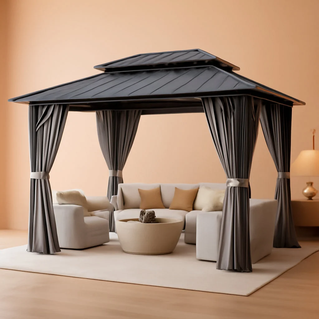 World-Class 10x14ft Hardtop Gazebo Outdoor Patio With Curtains Enhanced