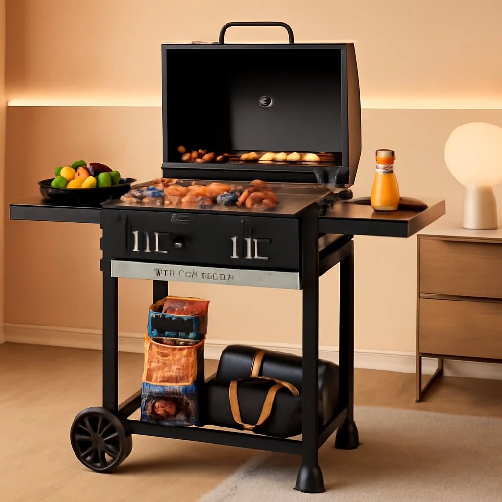 Crafted 24 Inches Charcoal Grill Featuring Foldable Shelves Contemporary