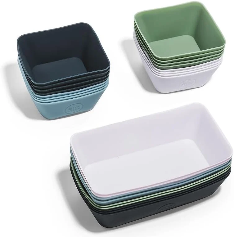 High-Grade Reusable Silicone Bento Baking Cup Non-Toxic BPA Dishwasher Safe Bento Box Accessories Lunch Box Dividers Square and Rectangle 24 Pack Blue White Green Effective