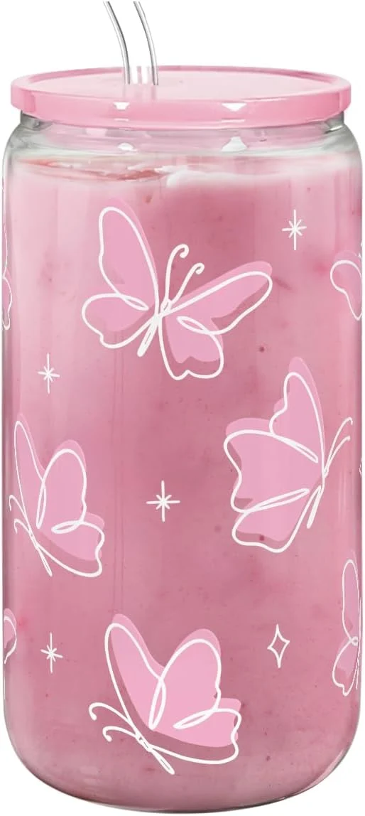 Elegant Butterfly 16 Oz Can Glass Tumbler with Acrylic Lid and Straw - Iced Coffee Cups for Women Aesthetic Glass Cup Gift for Birthday Christmas Original Design